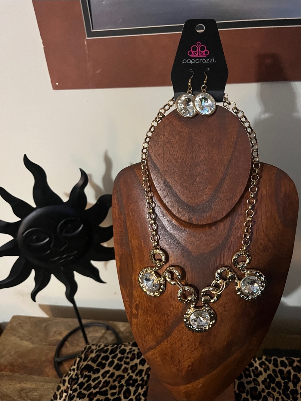 paparazzi Gold Crystal Drop Statement Necklace and Earrings